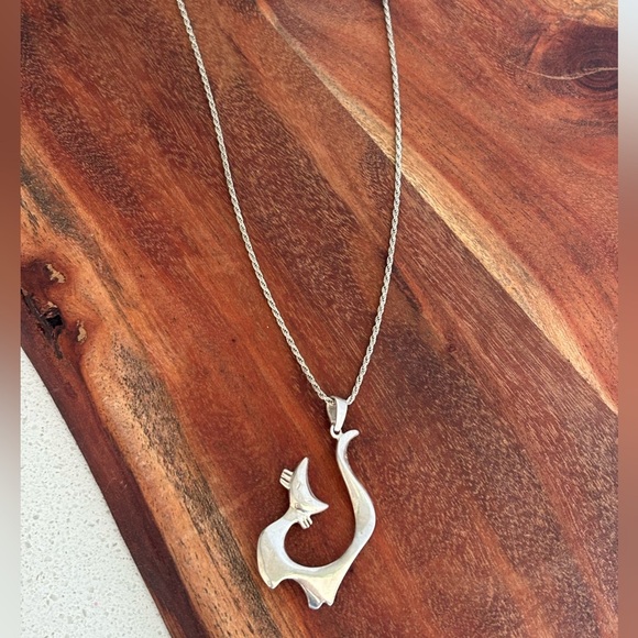 VTG Mid Century Modern 925 Sterling Silver Necklace Abstract Cat Pendant - Picture 5 of 9